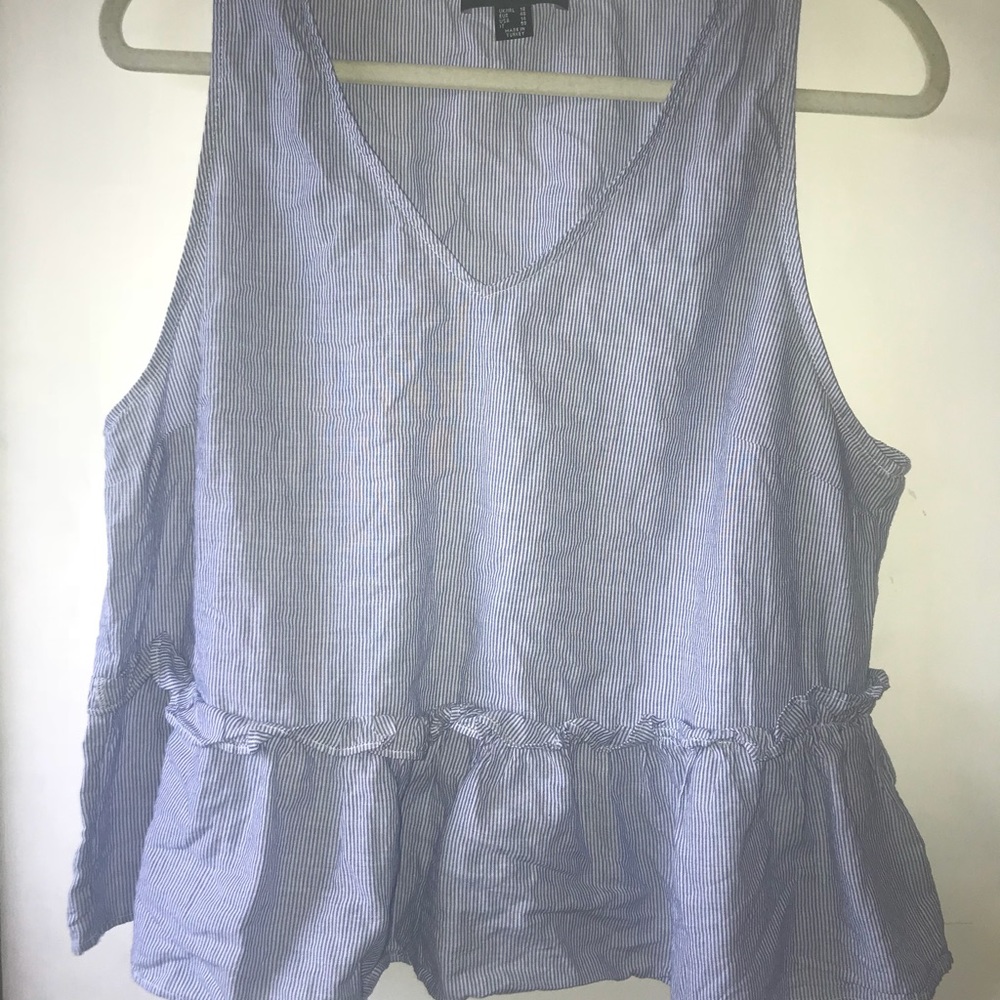 Seersucker blue and white flared tank top